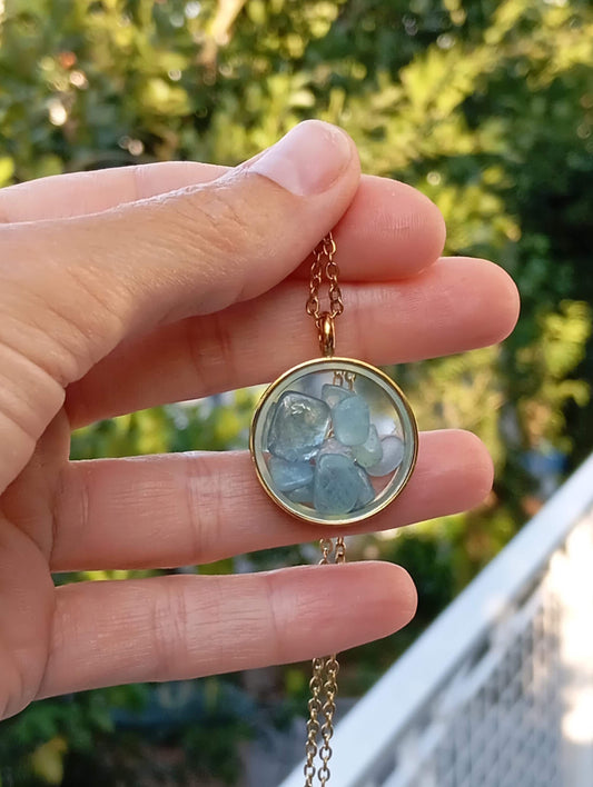 Natural Aquamarine Necklace, Healing crystal natural Gemstone Necklace in round glass locked Pendant