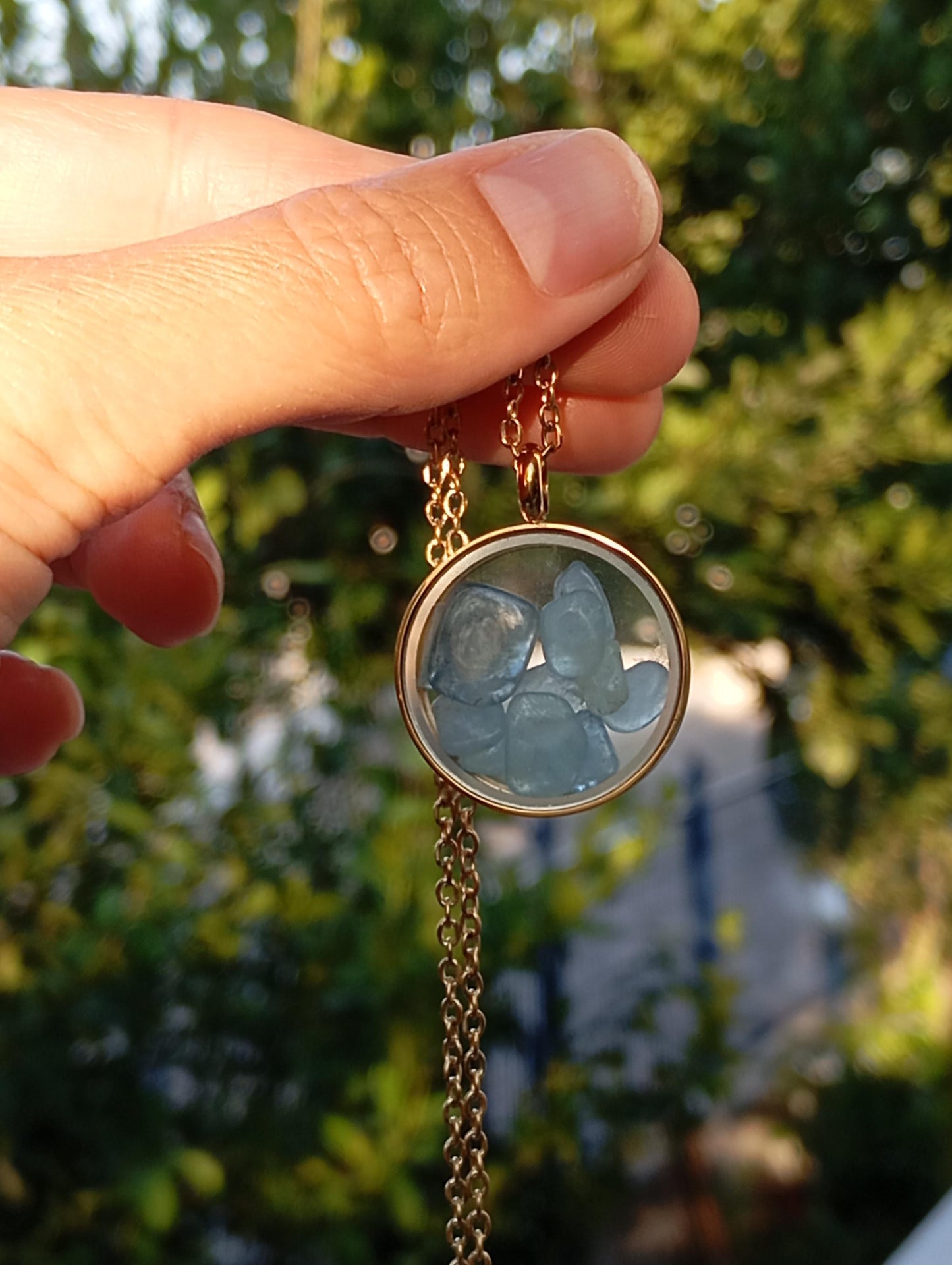 Natural Aquamarine Necklace, Healing crystal natural Gemstone Necklace in round glass locked Pendant