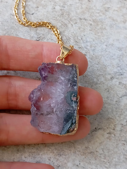 Raw Amethyst Slice gold edge crystal Pendant Necklace, Charm elegant gorgeous,bohemian protection Healing  Natural Gemstone,virgo birthstone