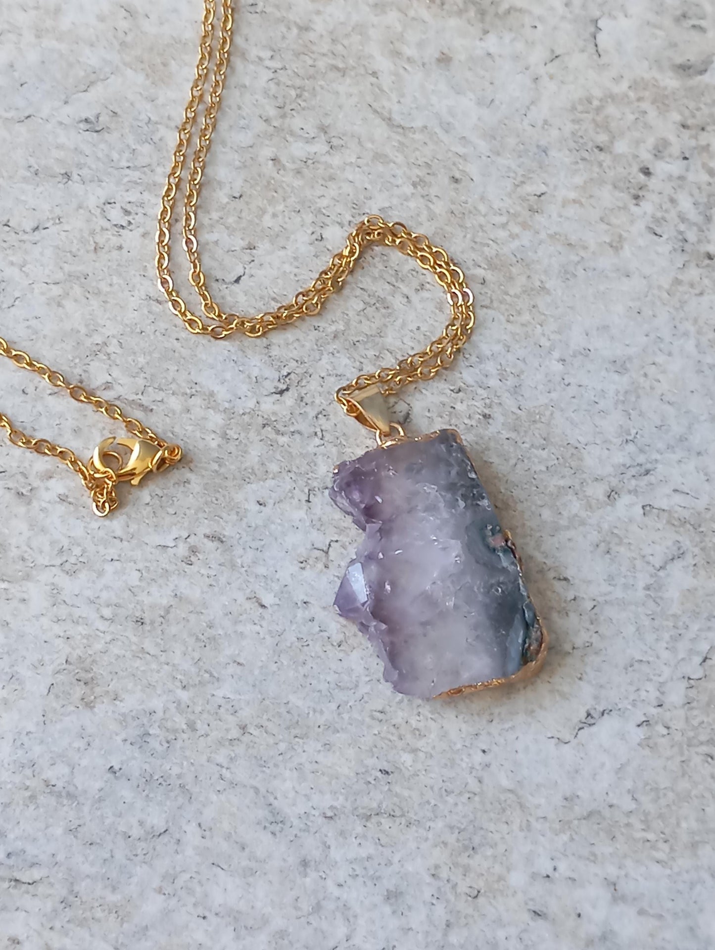 Raw Amethyst Slice gold edge crystal Pendant Necklace, Charm elegant gorgeous,bohemian protection Healing  Natural Gemstone,virgo birthstone