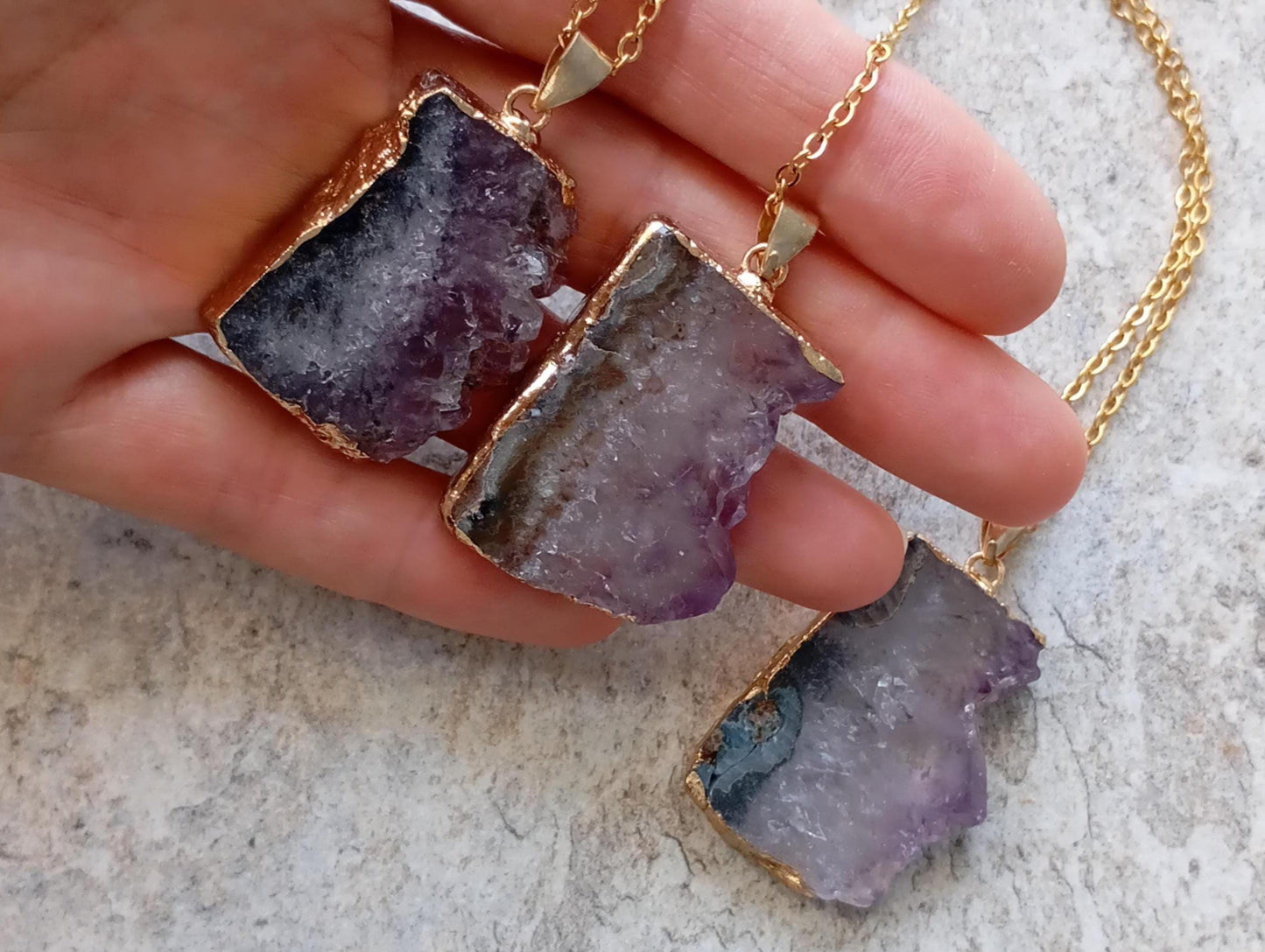 Raw Amethyst Slice gold edge crystal Pendant Necklace, Charm elegant gorgeous,bohemian protection Healing  Natural Gemstone,virgo birthstone