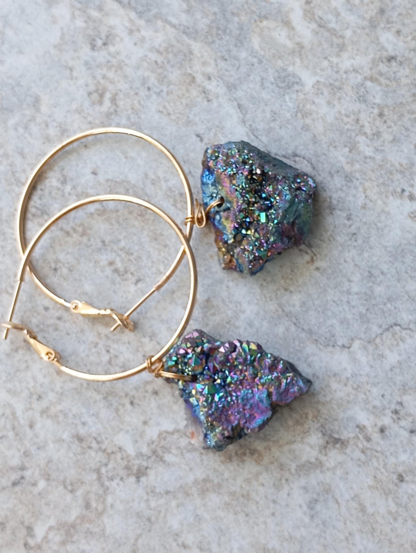 Blue aura Druzy quartz crystal cluster  Hoop Earrings, circle dangle earrings, protection healing, gorgeous,dainty charm earrings, gem