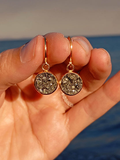 Natural Raw Iron Pyrite Cluster Cubes Earrings, Stainless steel, gold plated, Handmade Healing Protection Bohemian Trendy Dainty Elegant Gem