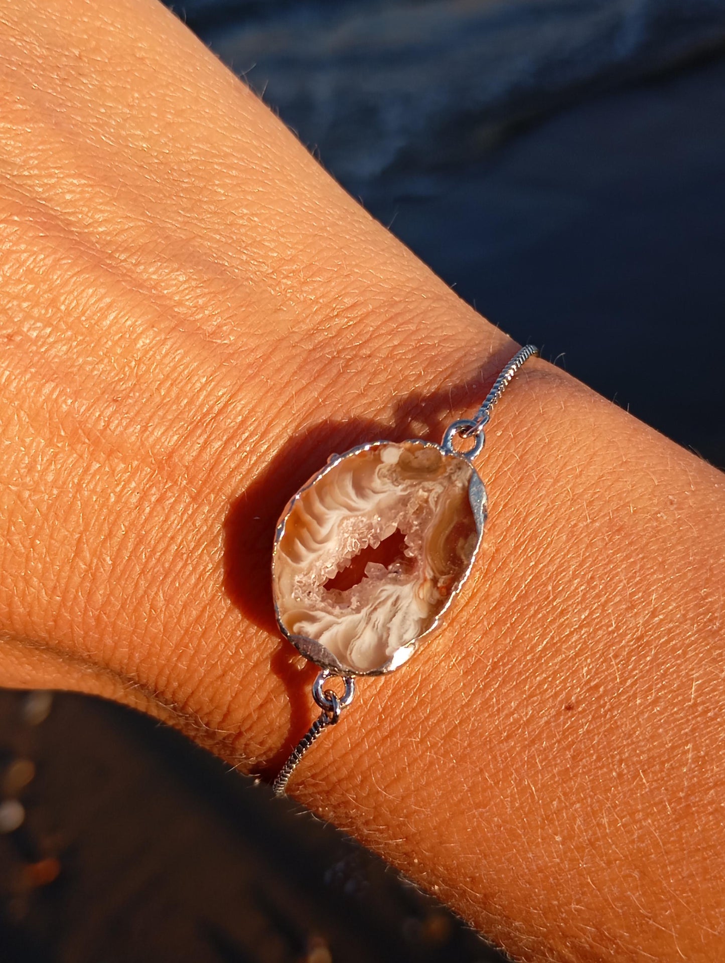 Lace Agate druzy slice bracelet, natural gemstone geode, stainless steel links chain bracelet,charm elegant gorgeous protection Handmade