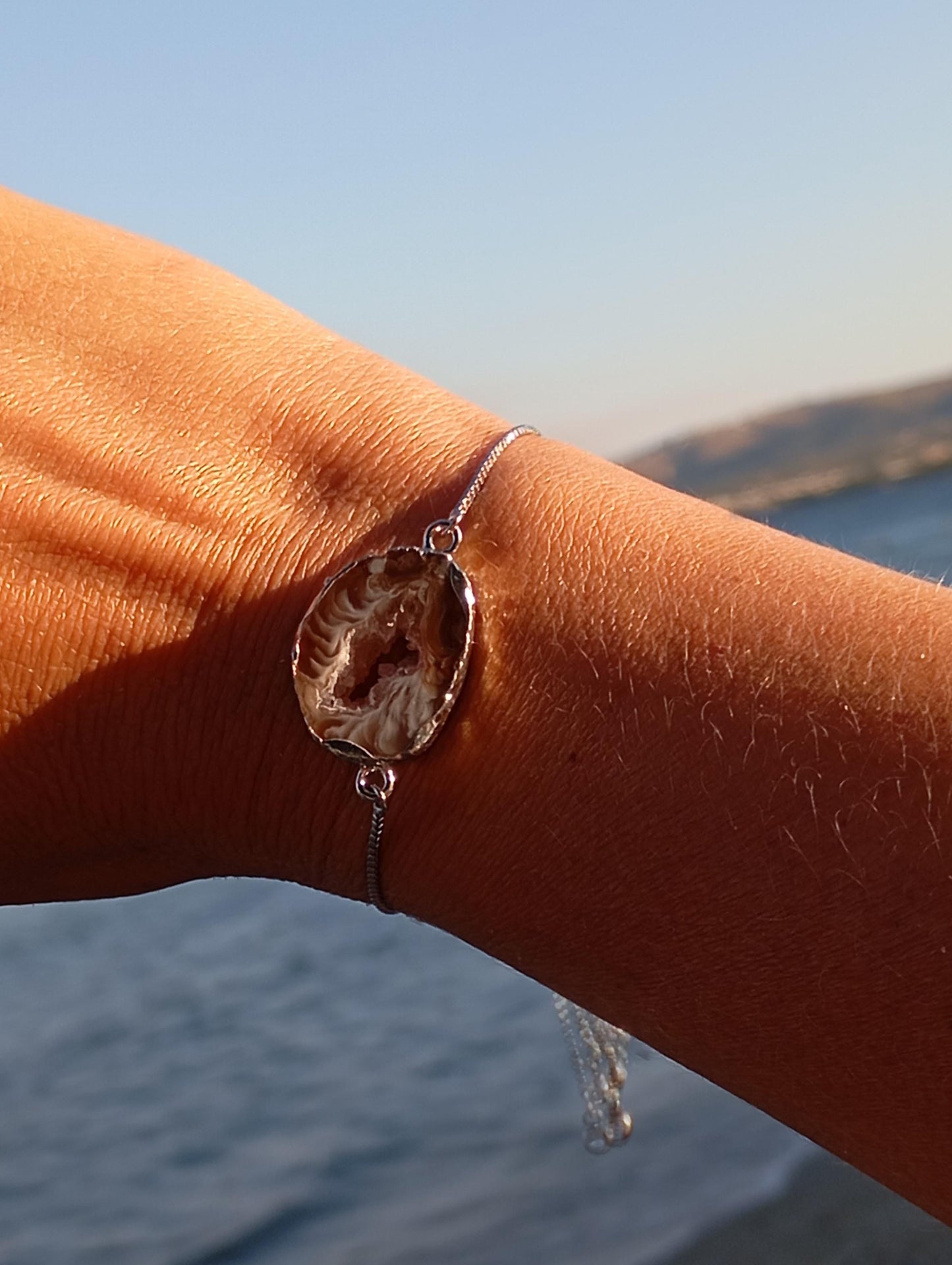 Lace Agate druzy slice bracelet, natural gemstone geode, stainless steel links chain bracelet,charm elegant gorgeous protection Handmade