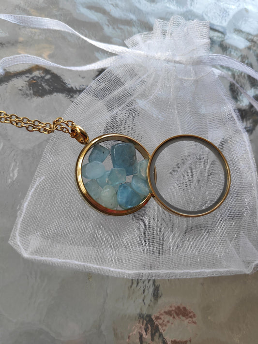 Natural Aquamarine Necklace, Healing crystal natural Gemstone Necklace in round glass locked Pendant