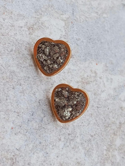 Heart Pyrite Studs Earrings, wealth stone, Healing, protection, raw Iron Pyrite cubes gemstone earrings, handmade dainty earrings
