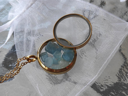 Natural Aquamarine Necklace, Healing crystal natural Gemstone Necklace in round glass locked Pendant
