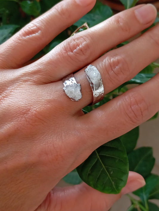 Raw white quartz druzy crystals adjustable finger ring, gemstone, zodiac, bohemian fashion dainty elegant protection stone, wedding, party