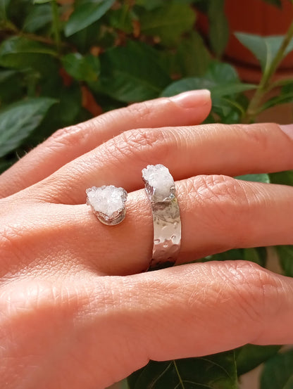 Raw white quartz druzy crystals adjustable finger ring, gemstone, zodiac, bohemian fashion dainty elegant protection stone, wedding, party