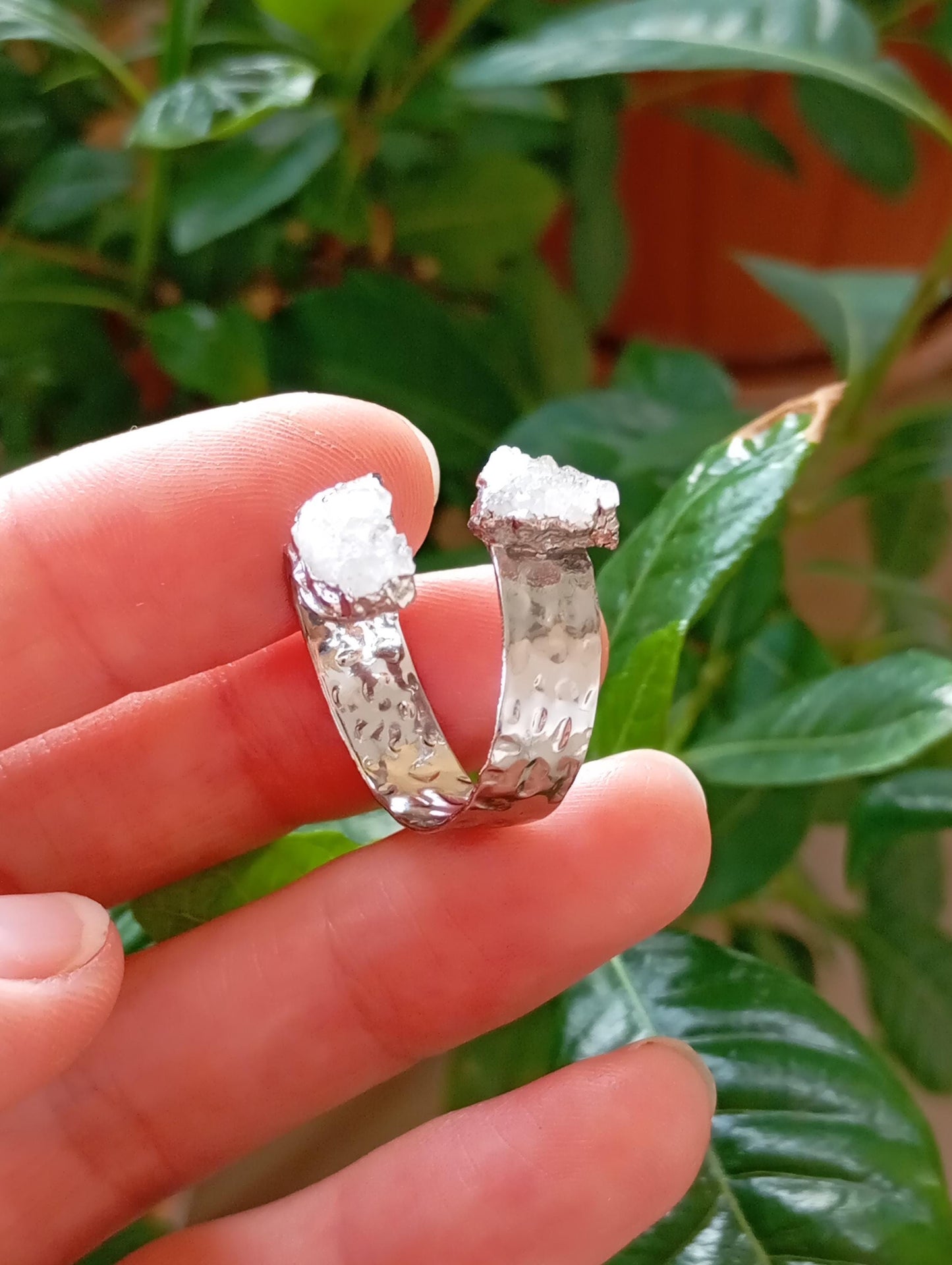 Raw white quartz druzy crystals adjustable finger ring, gemstone, zodiac, bohemian fashion dainty elegant protection stone, wedding, party