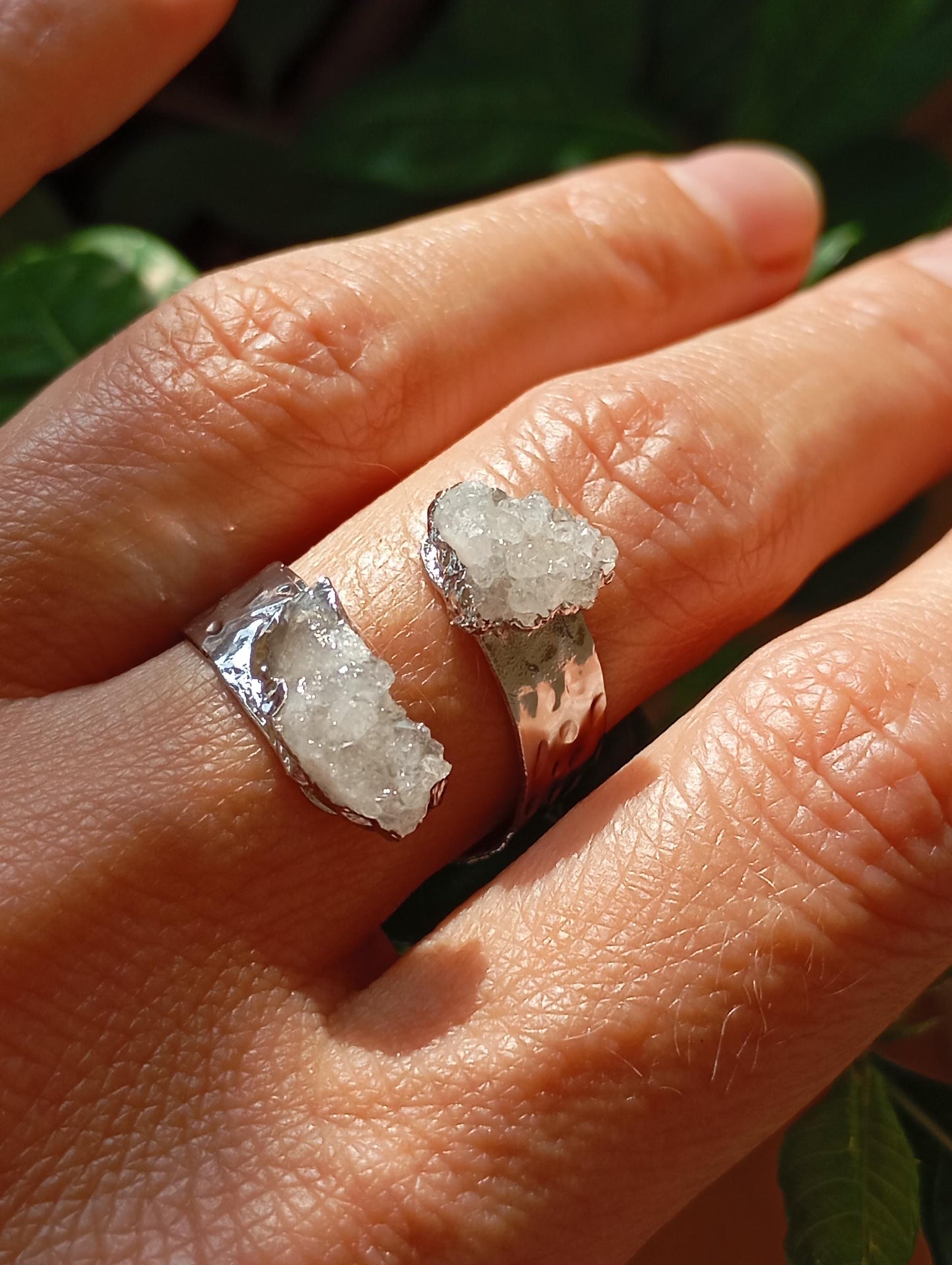 Raw white quartz druzy crystals adjustable finger ring, gemstone, zodiac, bohemian fashion dainty elegant protection stone, wedding, party