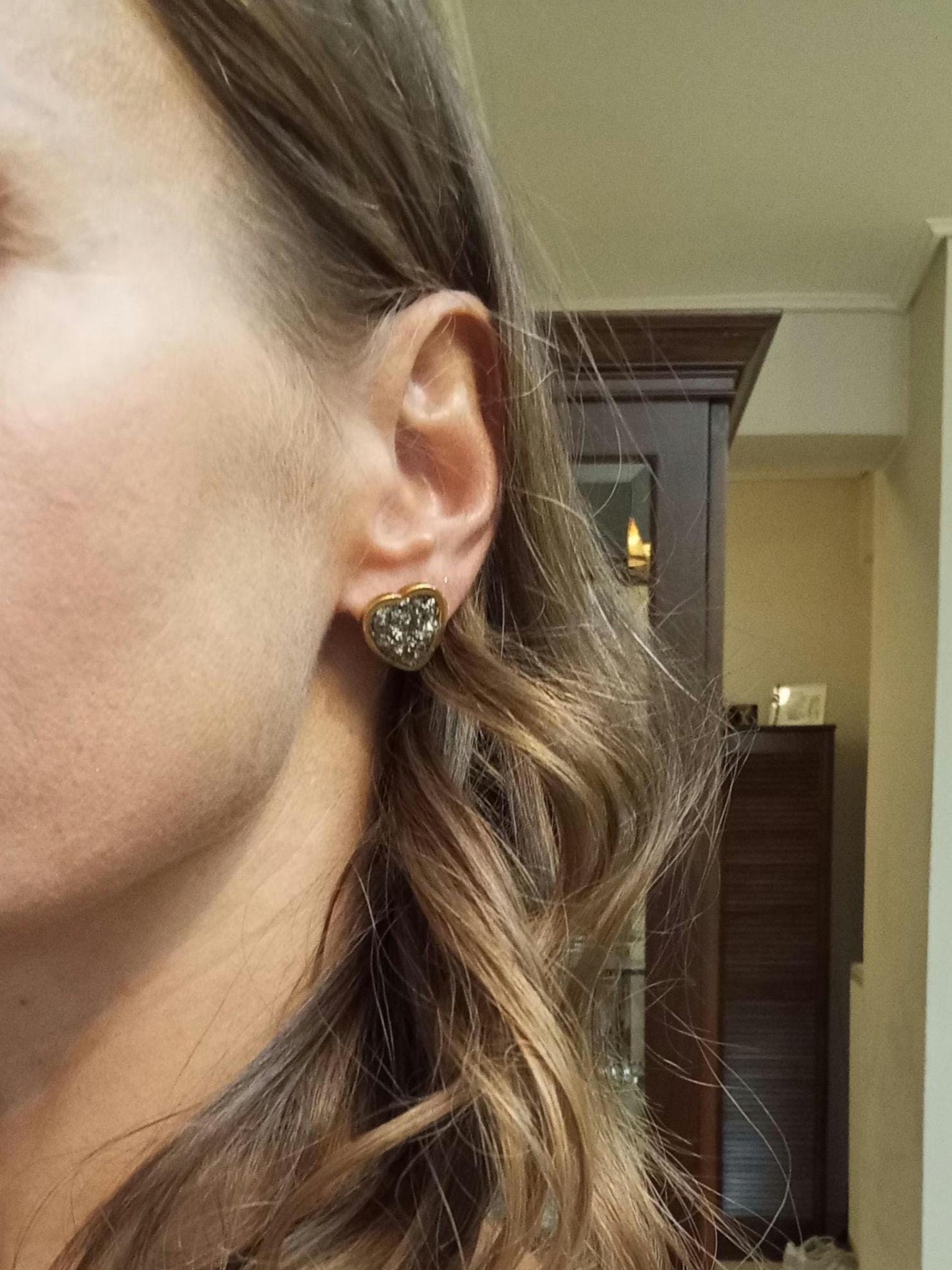 Heart Pyrite Studs Earrings, wealth stone, Healing, protection, raw Iron Pyrite cubes gemstone earrings, handmade dainty earrings