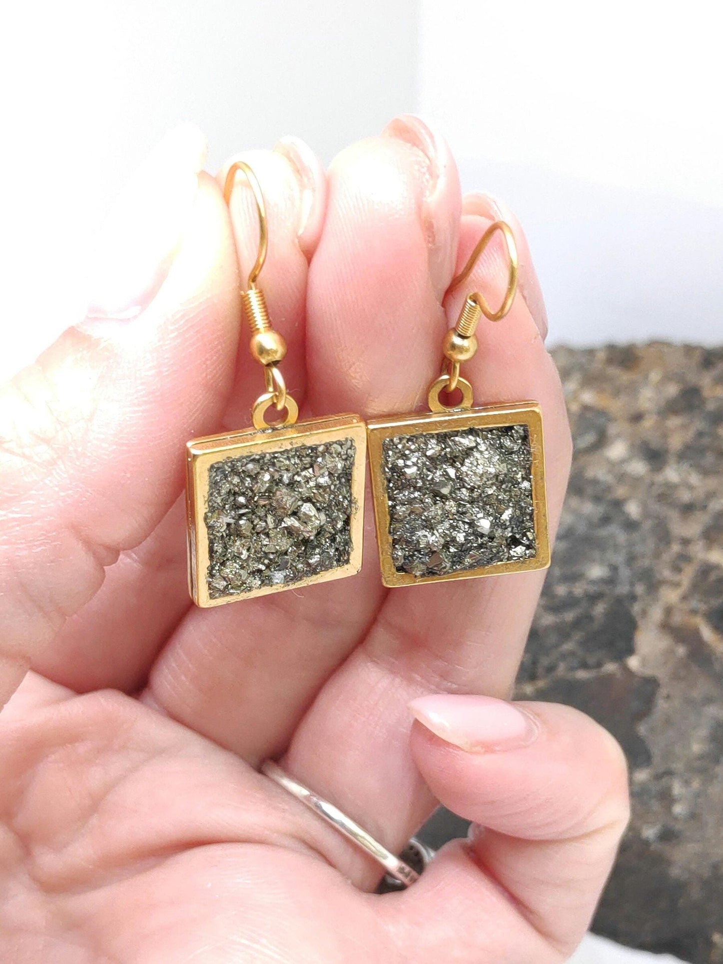 Raw Pyrite in Square cabochon, hooks stainless steel Earrings, wealth stone,bohemian,dainty, Healing, Protection, handmade,natural gemstone
