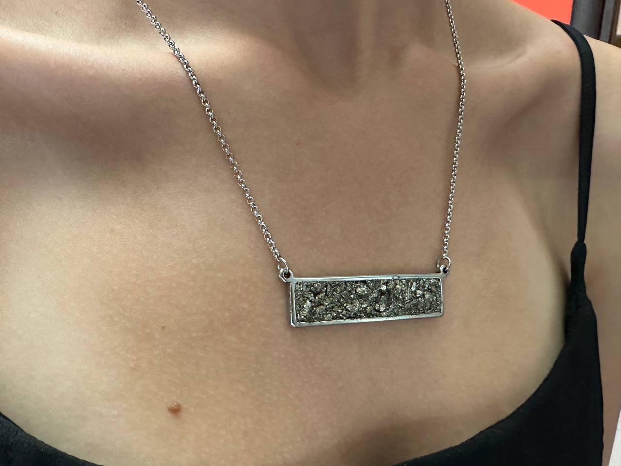 Raw Pyrite rectangular Pendant Chain Necklace, Wealth stone,Natural Gemstone, Handmade gorgeous dainty bohemian Protection healing stone