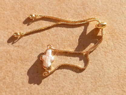 Cross shape freshwater pearl Charm Bracelet everyday Protection adjustable chain bracelet, Catholic Christian religious gift for women