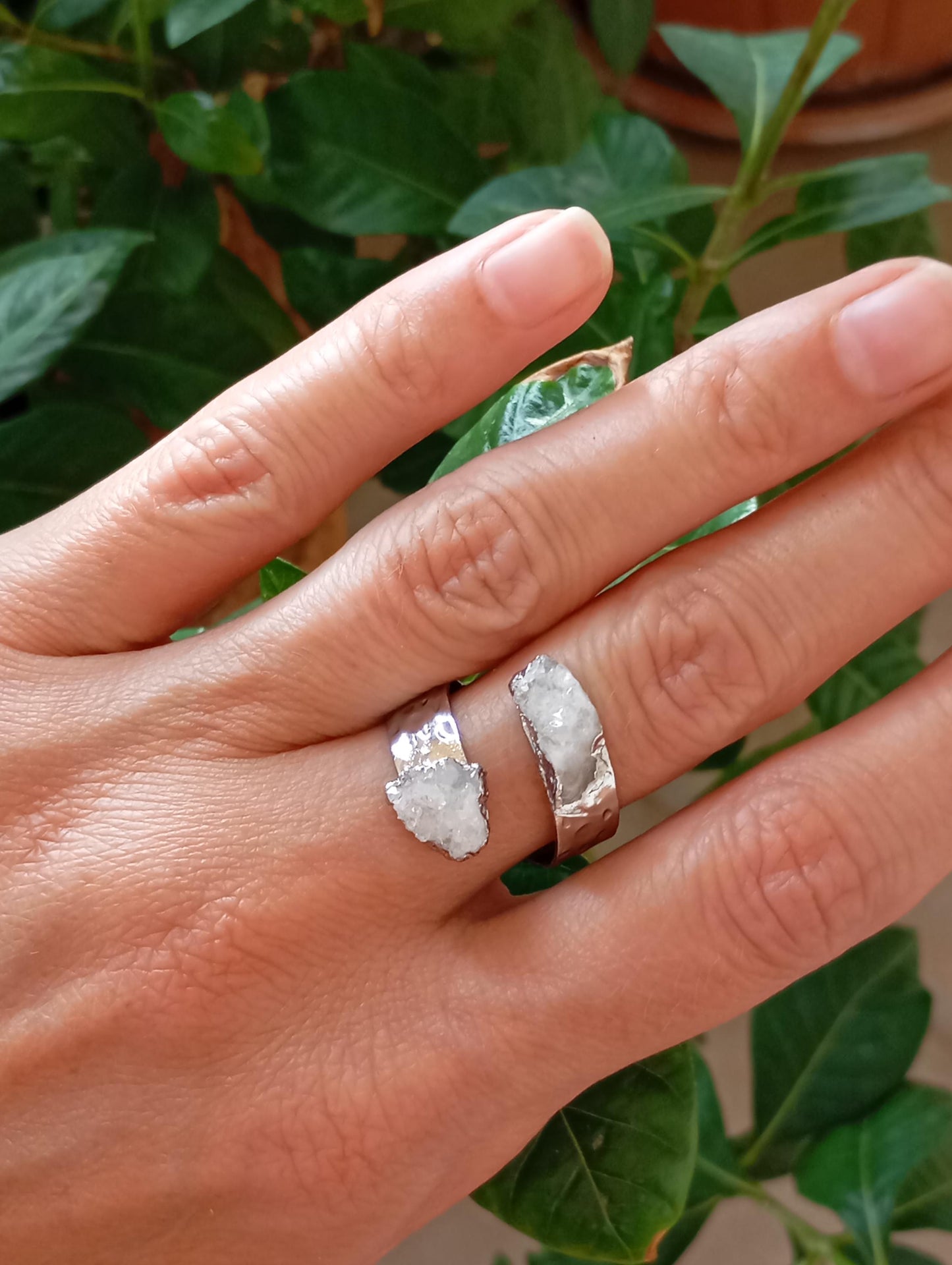 Raw white quartz druzy crystals adjustable finger ring, gemstone, zodiac, bohemian fashion dainty elegant protection stone, wedding, party