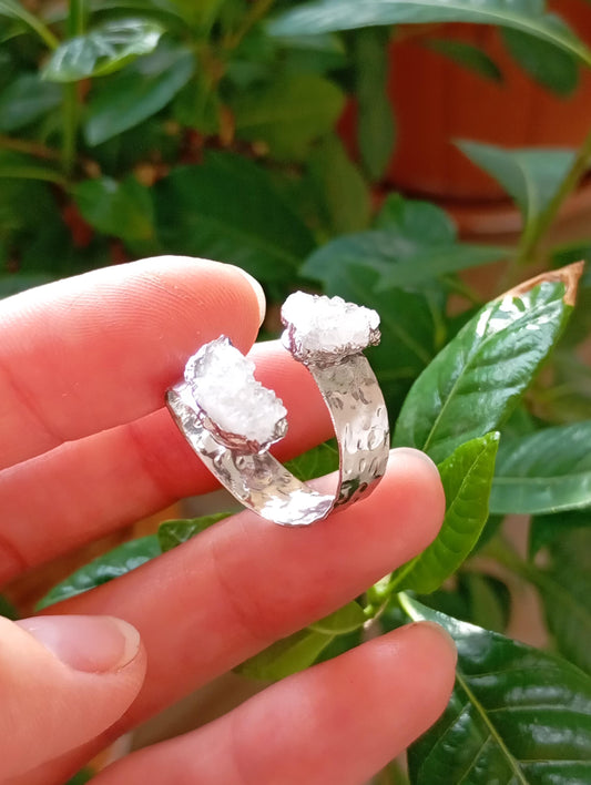 Raw white quartz druzy crystals adjustable finger ring, gemstone, zodiac, bohemian fashion dainty elegant protection stone, wedding, party