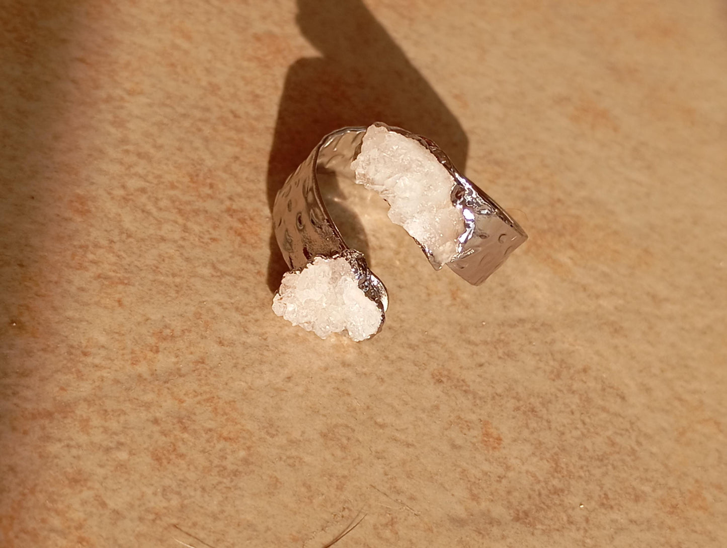 Raw white quartz druzy crystals adjustable finger ring, gemstone, zodiac, bohemian fashion dainty elegant protection stone, wedding, party