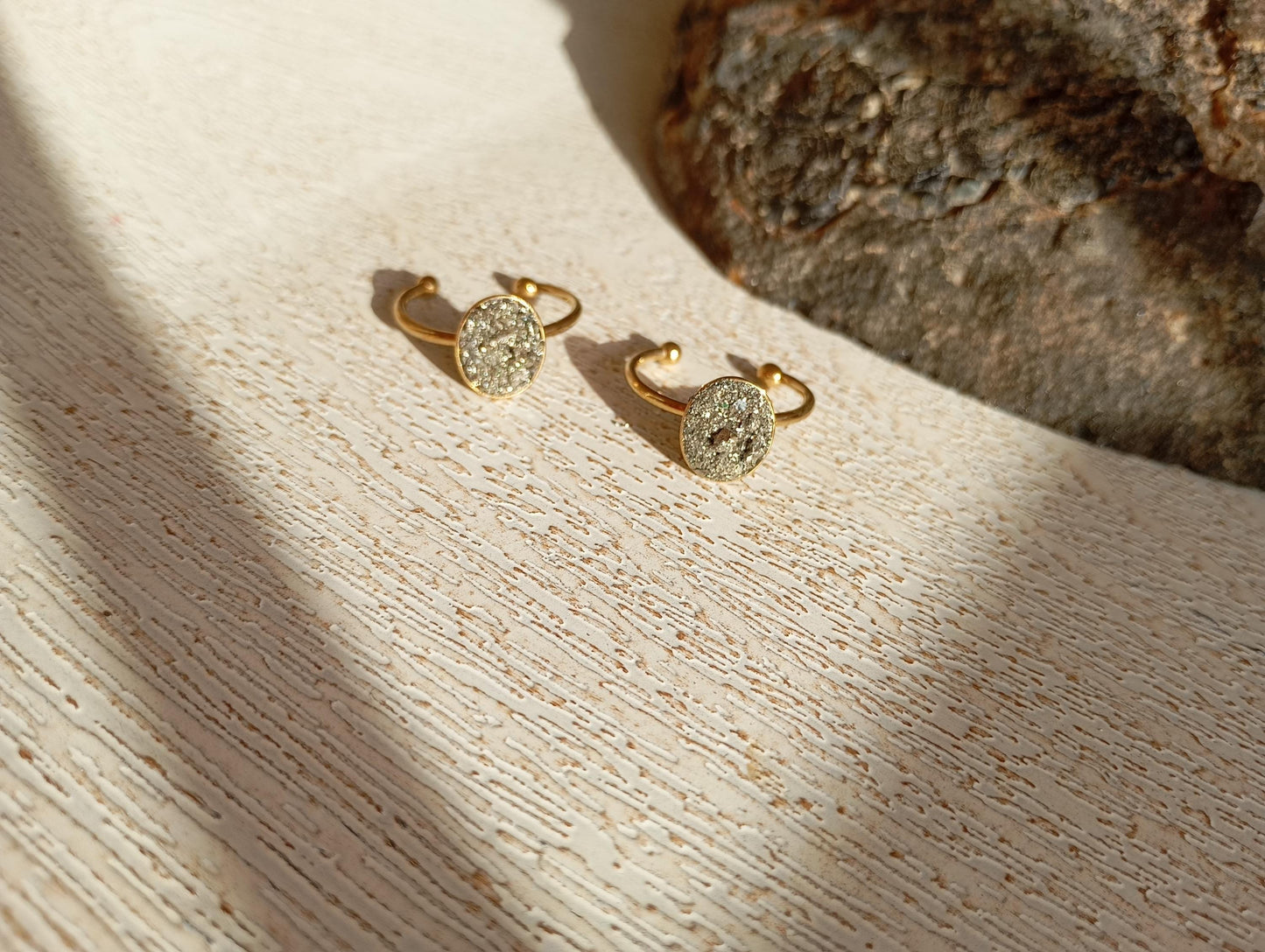 Raw Pyrite Adjustable Ring – Gold Plated Oval Boho Statement Ring