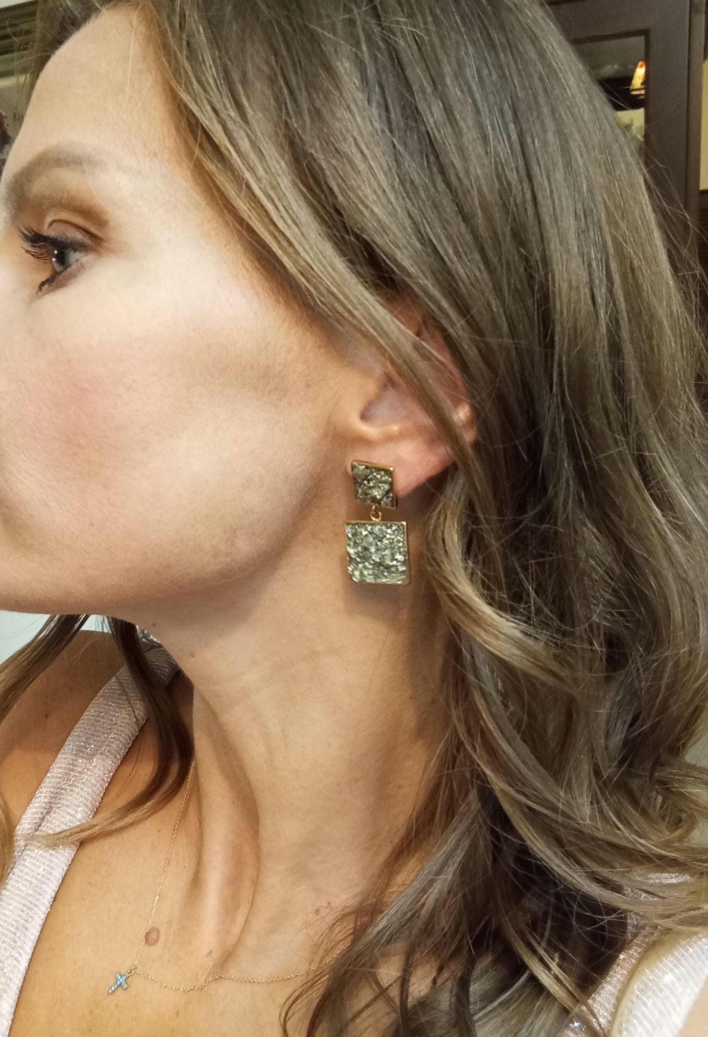 Raw Pyrite Square Stud Earrings – Gold Plated Geometric Healing Jewelry