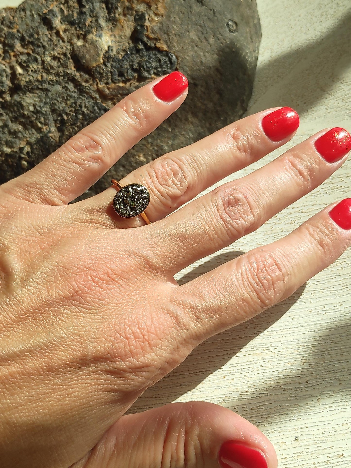 Raw Pyrite Adjustable Ring – Gold Plated Oval Boho Statement Ring