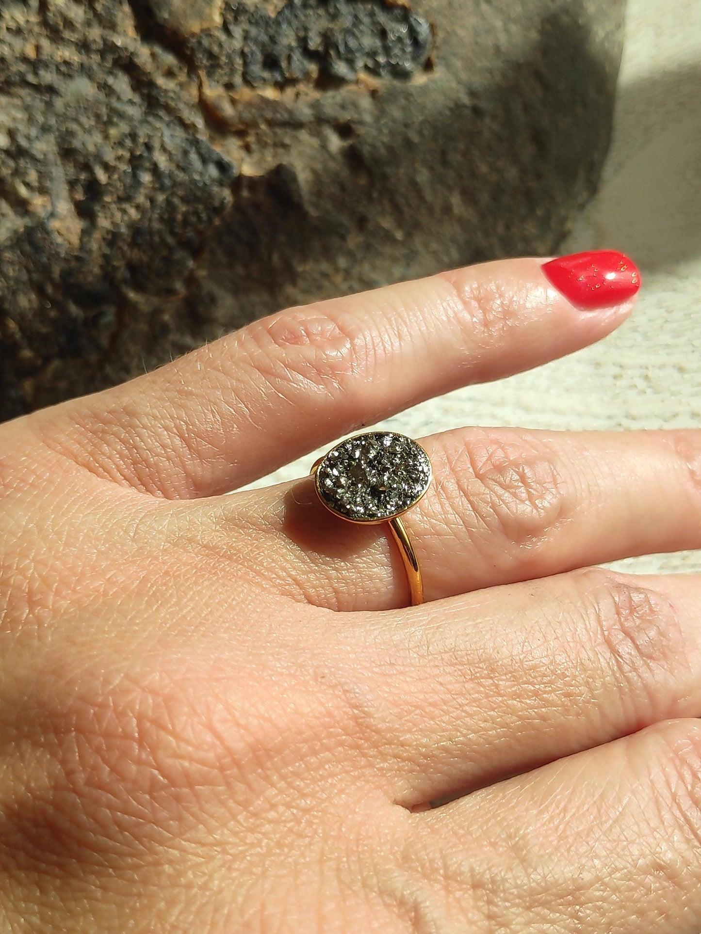 Raw Pyrite Adjustable Ring – Gold Plated Oval Boho Statement Ring