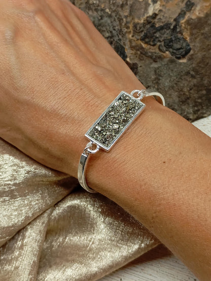 Raw Pyrite rectangular cabochon Bracelet, Wealth Stone, stainless steel gemstone bracelet women, protection healing mascot, handmade