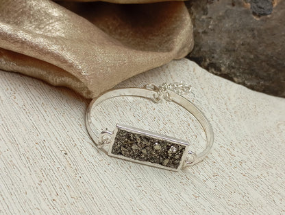 Raw Pyrite rectangular cabochon Bracelet, Wealth Stone, stainless steel gemstone bracelet women, protection healing mascot, handmade