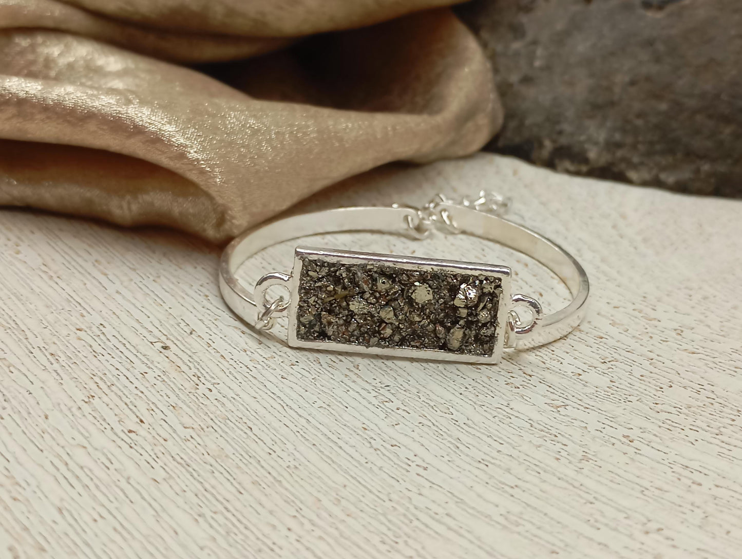 Raw Pyrite rectangular cabochon Bracelet, Wealth Stone, stainless steel gemstone bracelet women, protection healing mascot, handmade