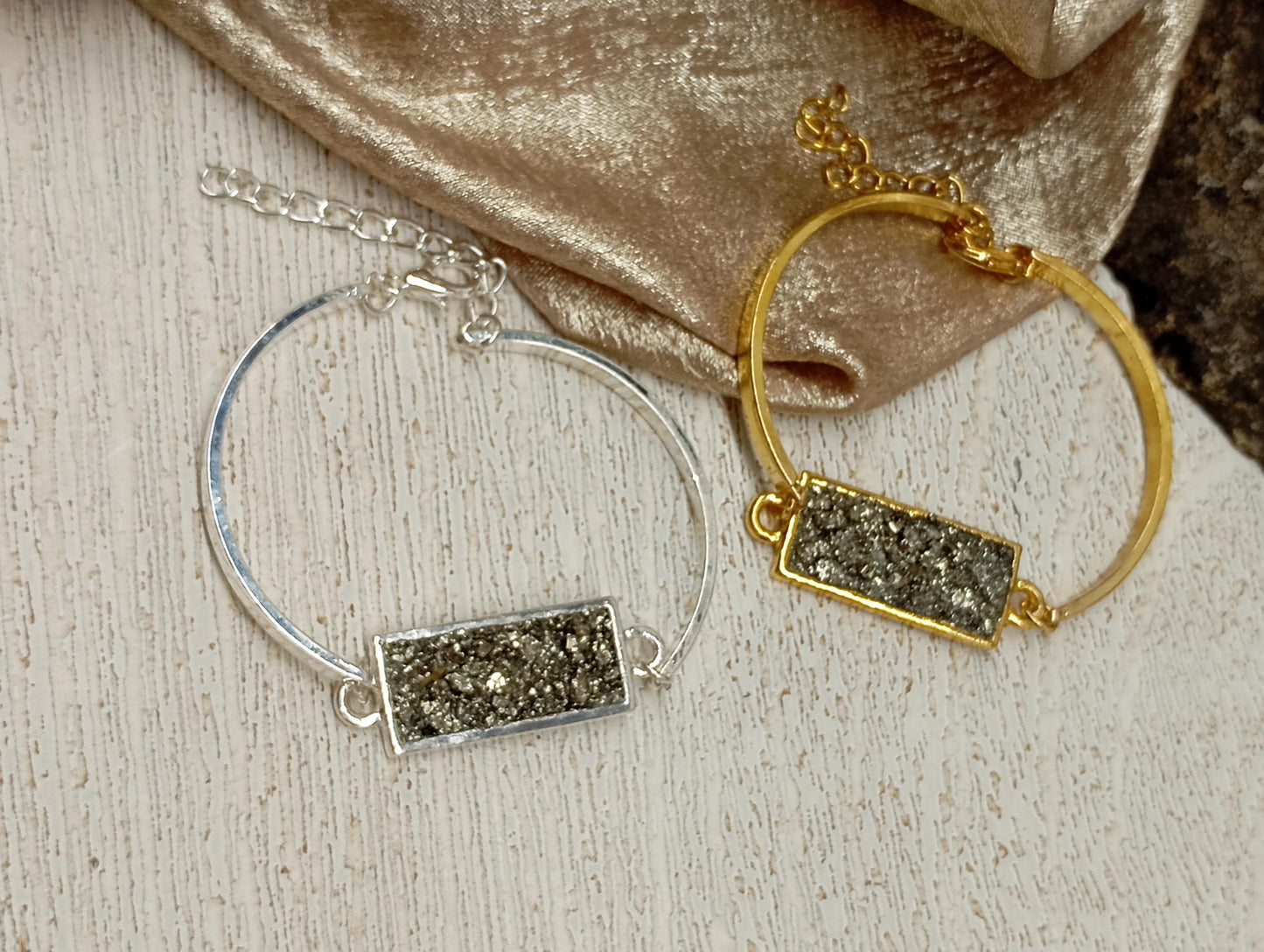 Raw Pyrite rectangular cabochon Bracelet, Wealth Stone, stainless steel gemstone bracelet women, protection healing mascot, handmade