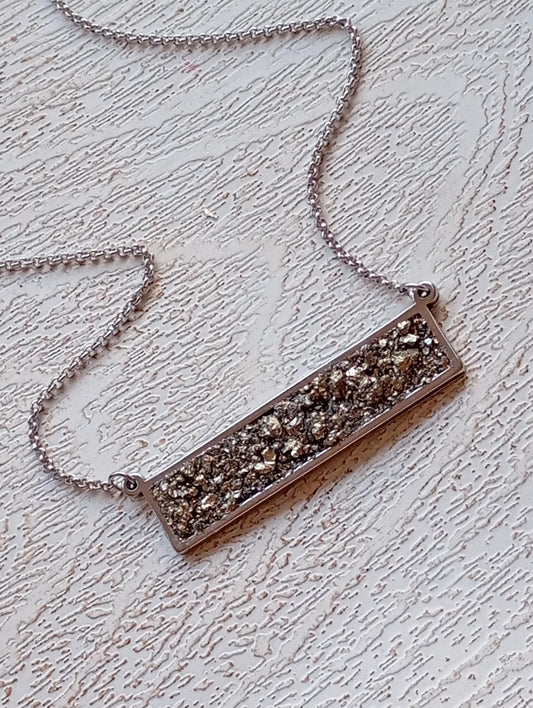 Raw Pyrite rectangular Pendant Chain Necklace, Wealth stone,Natural Gemstone, Handmade gorgeous dainty bohemian Protection healing stone