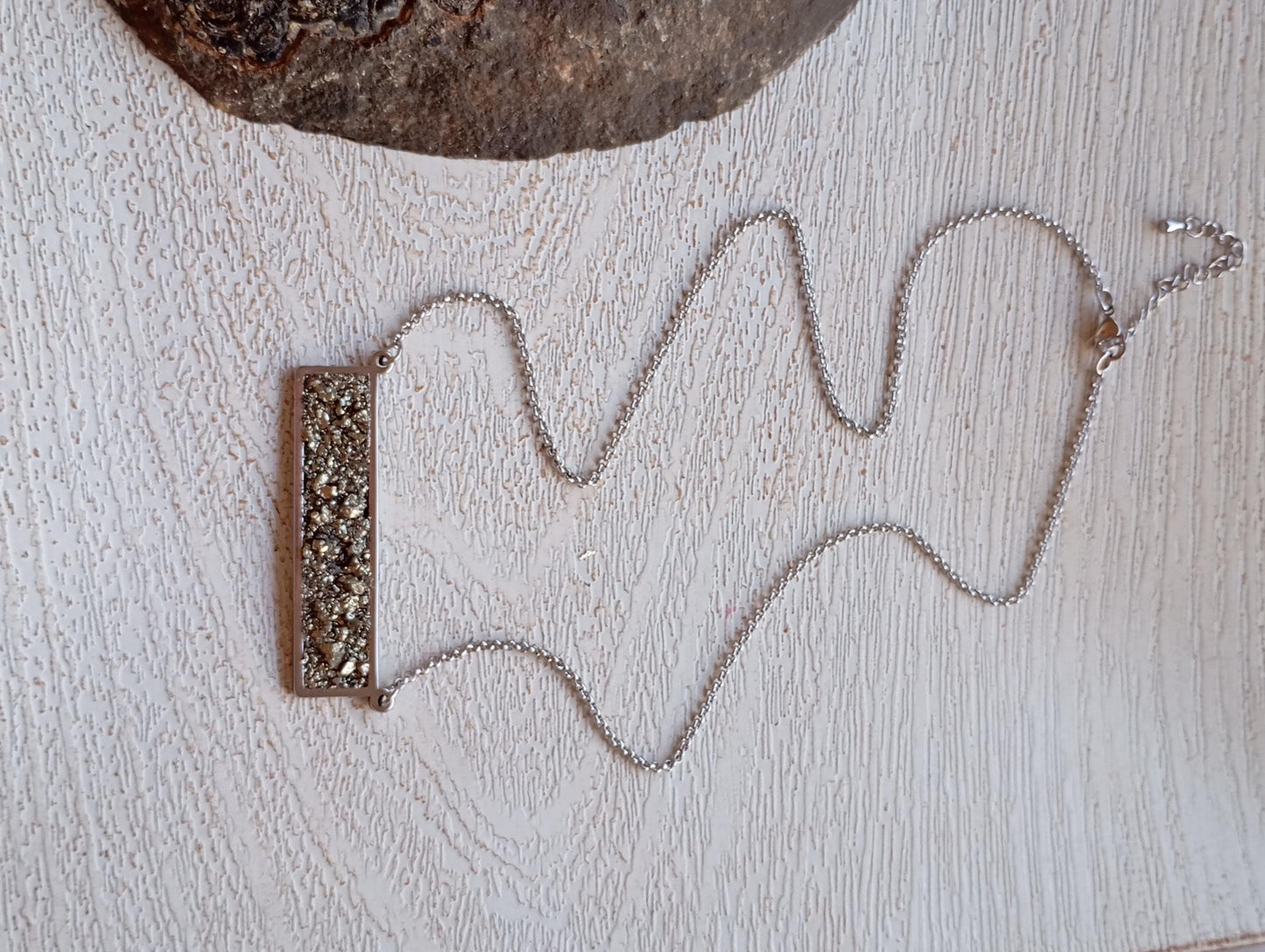 Raw Pyrite rectangular Pendant Chain Necklace, Wealth stone,Natural Gemstone, Handmade gorgeous dainty bohemian Protection healing stone