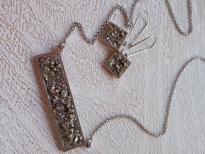 Raw Pyrite rectangular Pendant Chain Necklace, Wealth stone,Natural Gemstone, Handmade gorgeous dainty bohemian Protection healing stone