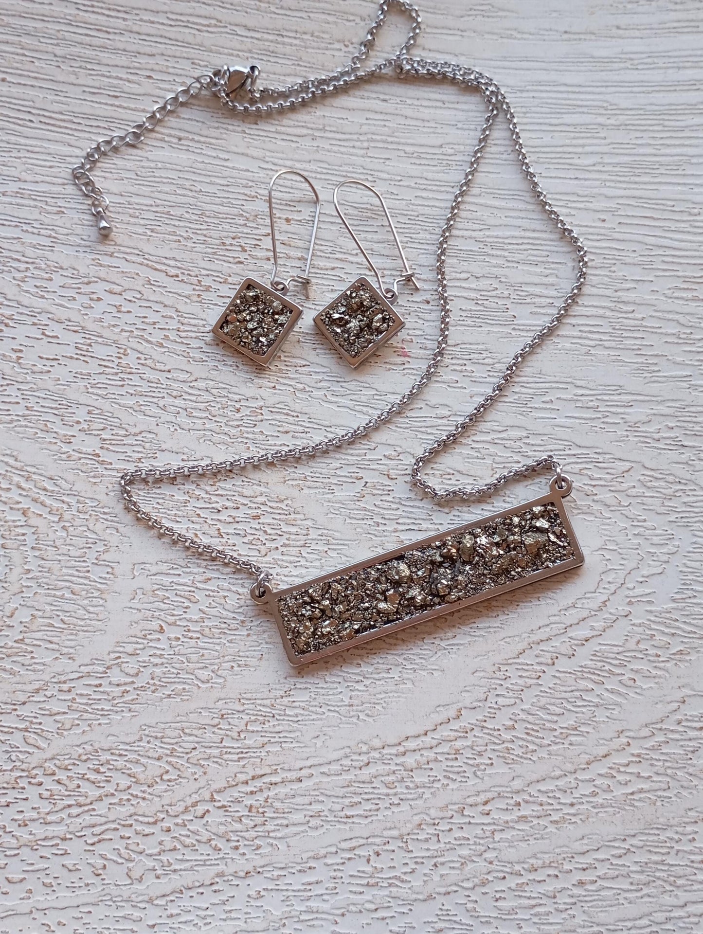 Raw Pyrite rectangular Pendant Chain Necklace, Wealth stone,Natural Gemstone, Handmade gorgeous dainty bohemian Protection healing stone