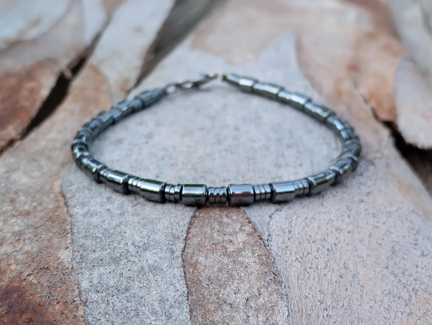 Hematite tubes bracelet men, beaded bracelet, natural Gemstone, Healing, Energy, Grounding, Protection fashion trend, gift for man