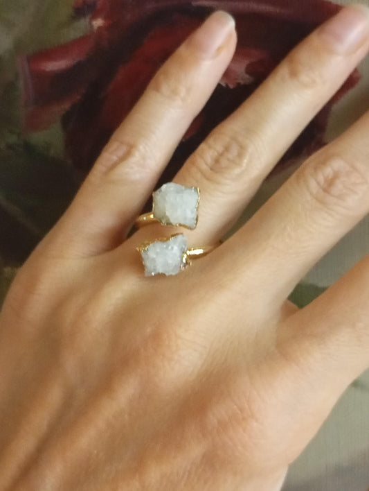 Raw white druzy quartz crystal, adjustable open  finger ring,  fashion dainty elegant women protection semiprecious stone, natural gemstone