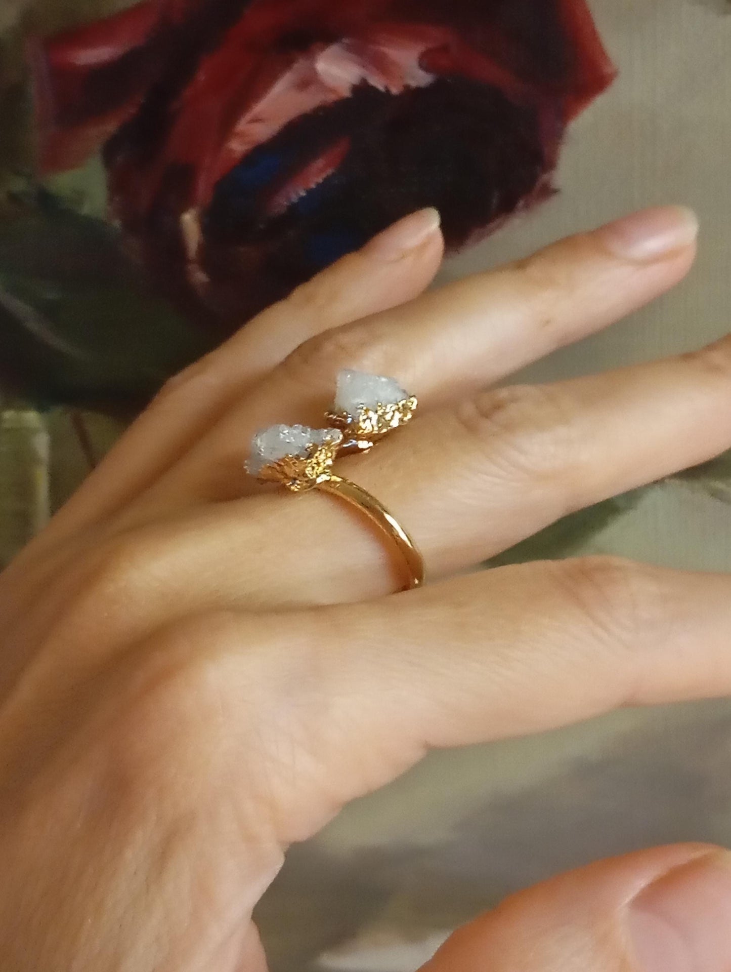 Raw white druzy quartz crystal, adjustable open  finger ring,  fashion dainty elegant women protection semiprecious stone, natural gemstone