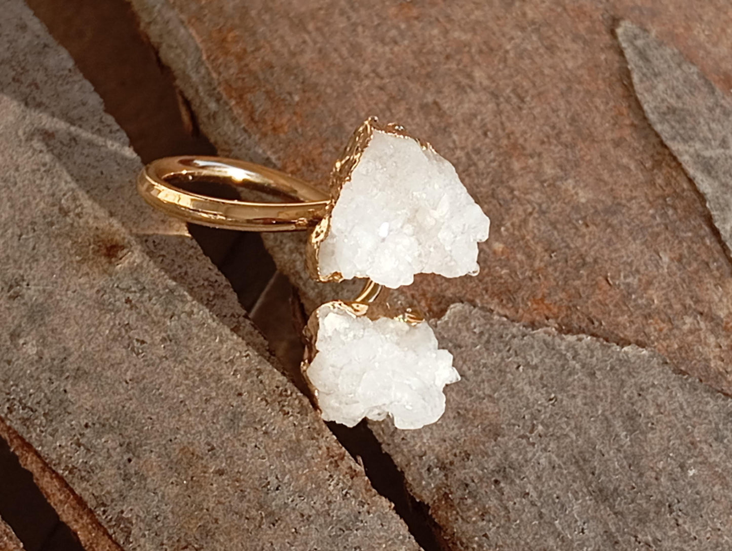 Raw white druzy quartz crystal, adjustable open  finger ring,  fashion dainty elegant women protection semiprecious stone, natural gemstone