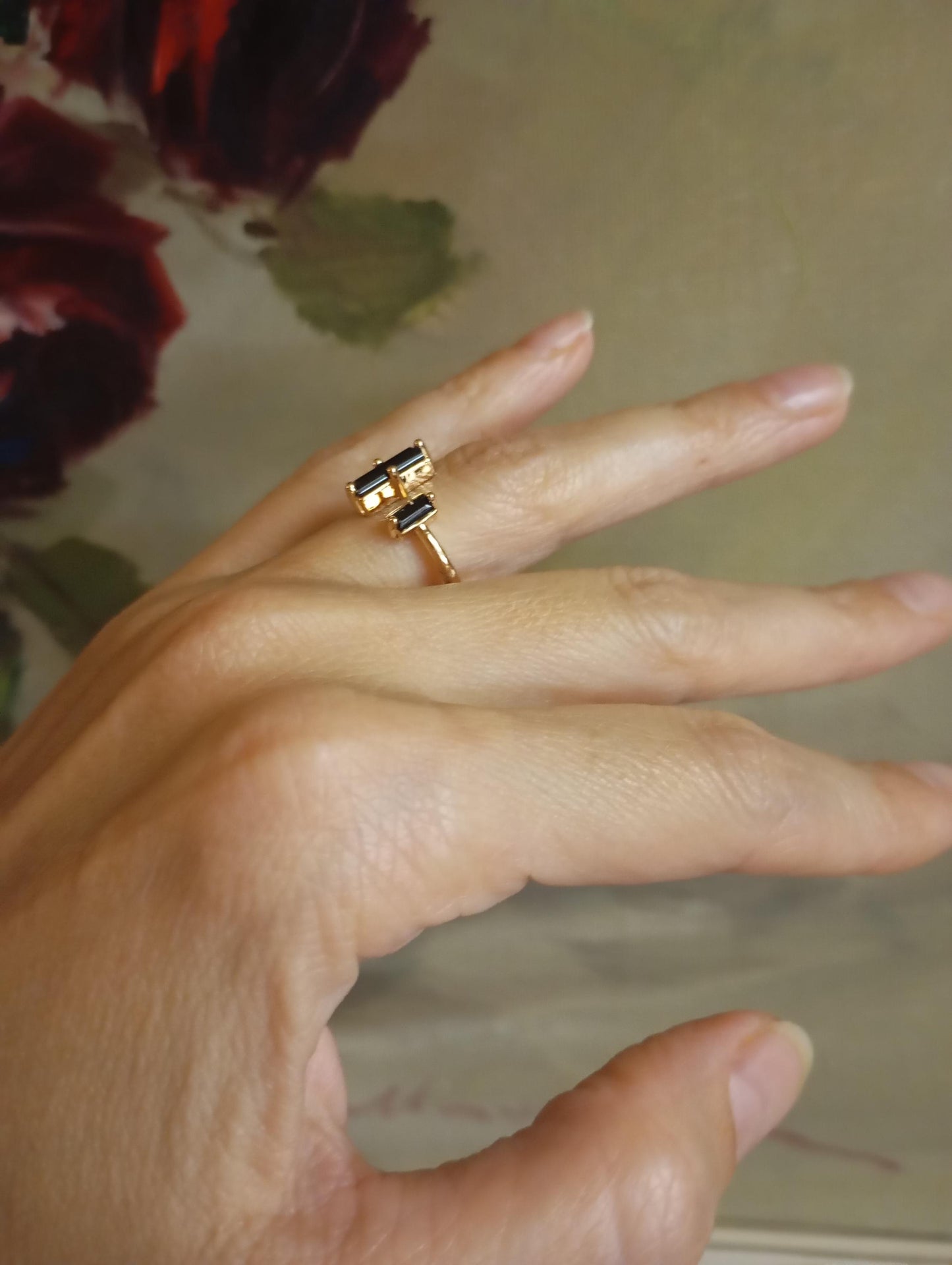 Adjustable open finger ring with Raw Black Tourmaline , natural gemstone, fashion dainty elegant women protection stone