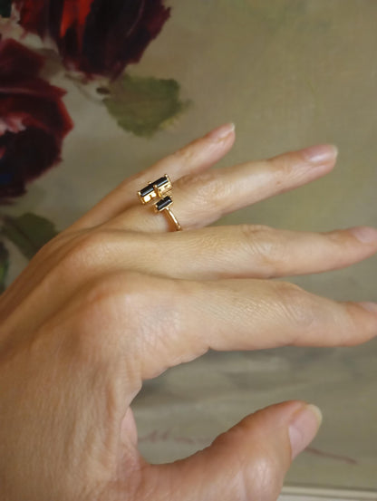 Adjustable open finger ring with Raw Black Tourmaline , natural gemstone, fashion dainty elegant women protection stone