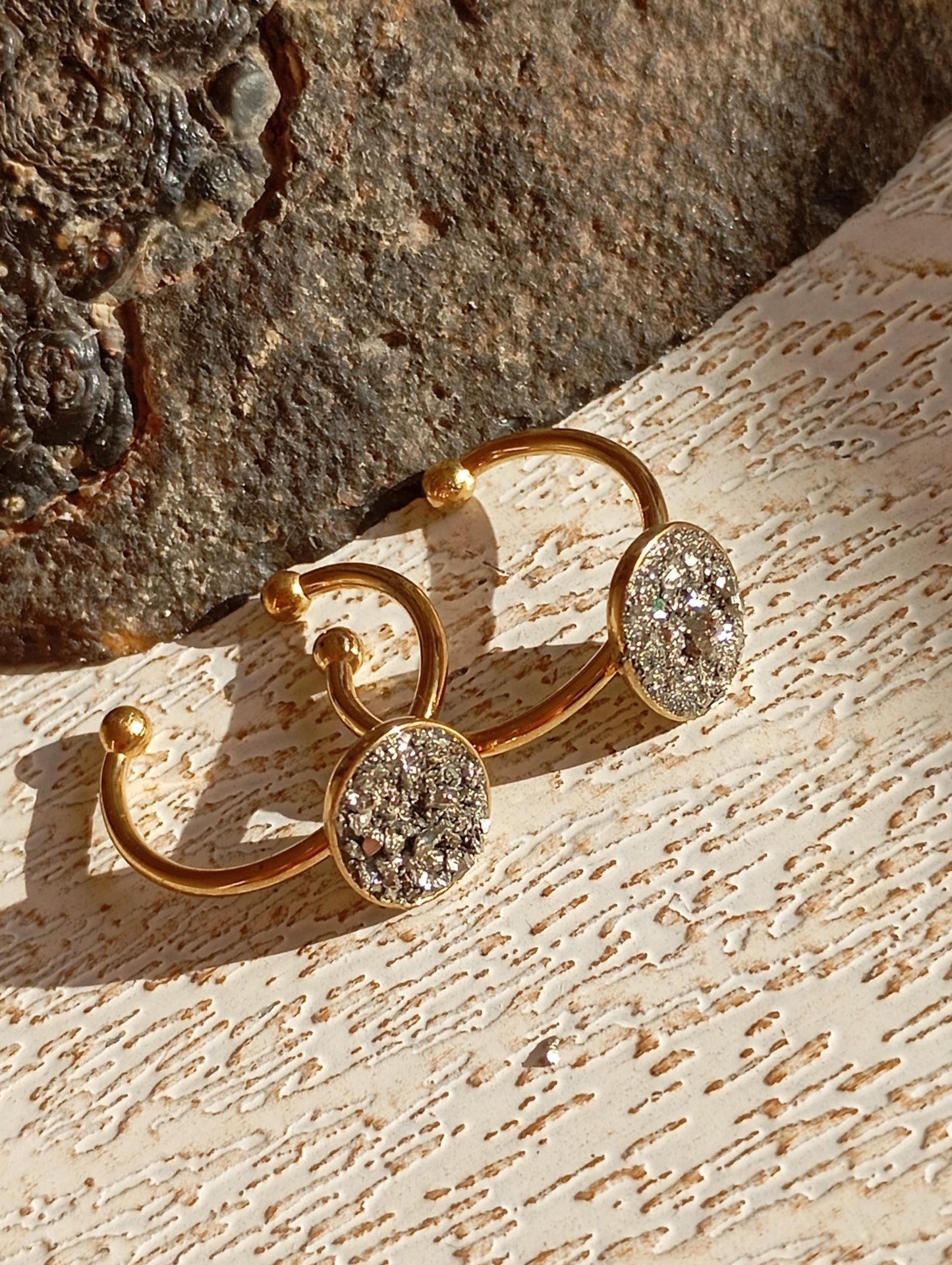 Raw Pyrite Adjustable Ring – Gold Plated Oval Boho Statement Ring