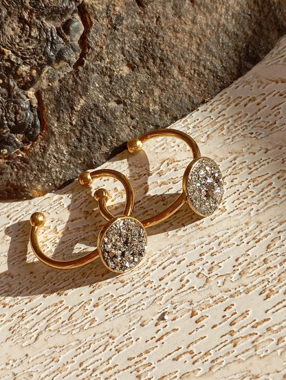 Raw Pyrite Adjustable Ring – Gold Plated Oval Boho Statement Ring