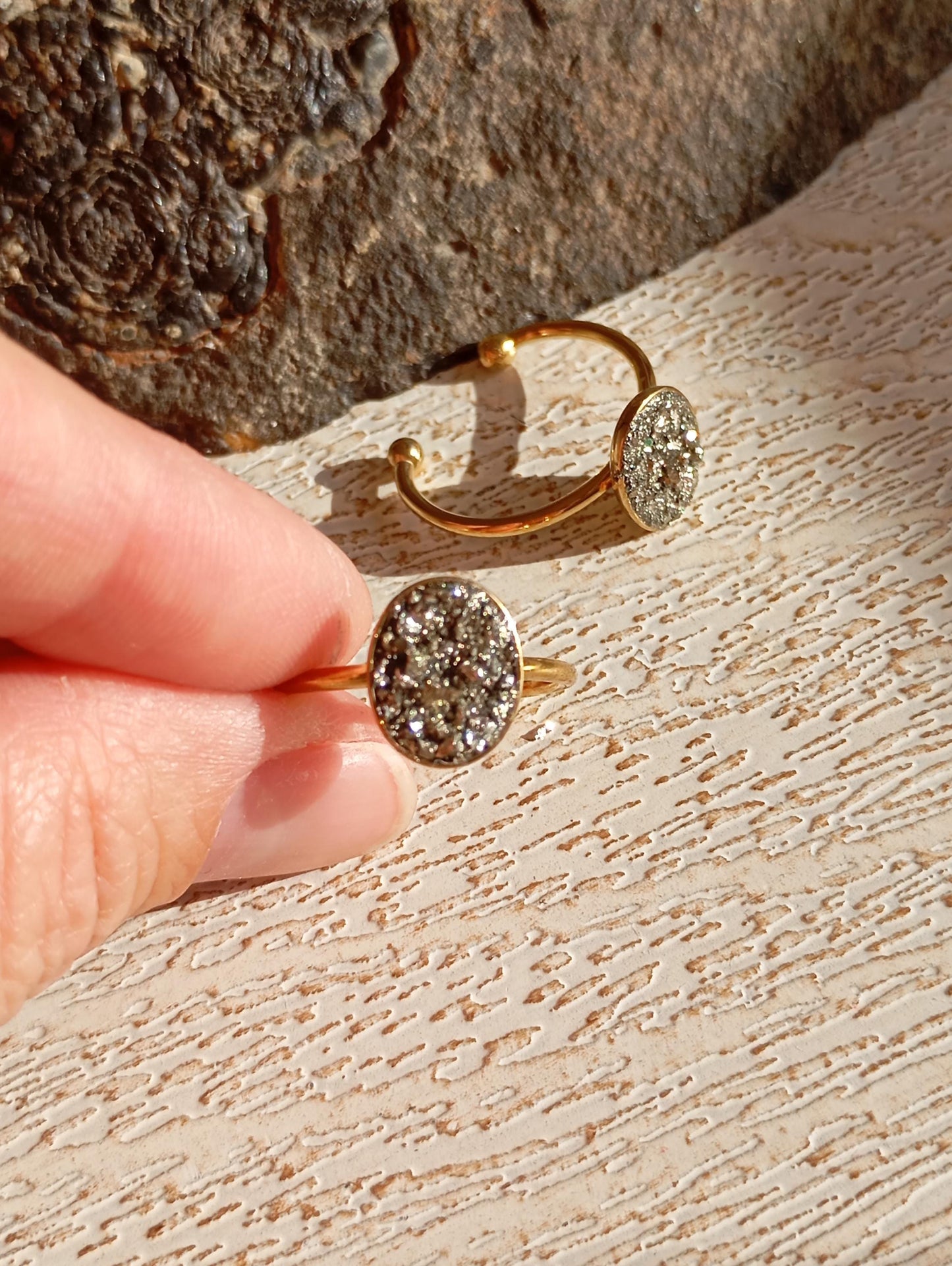 Raw Pyrite Adjustable Ring – Gold Plated Oval Boho Statement Ring