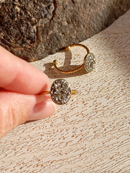 Raw Pyrite Adjustable Ring – Gold Plated Oval Boho Statement Ring