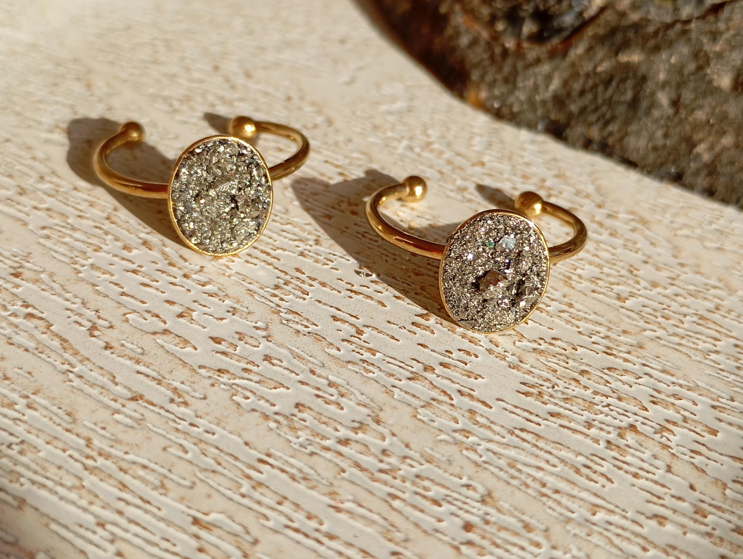 Raw Pyrite Adjustable Ring – Gold Plated Oval Boho Statement Ring