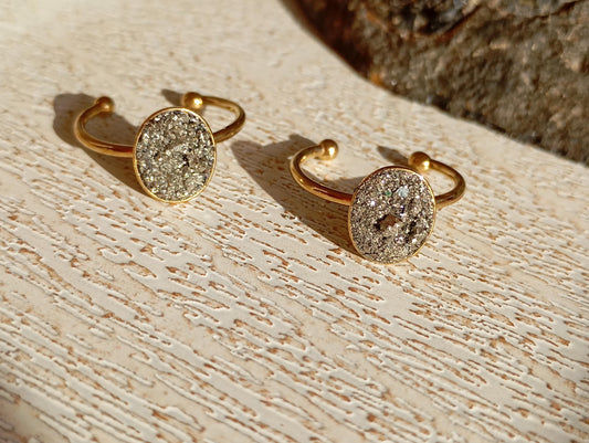 Raw Pyrite Adjustable Ring – Gold Plated Oval Boho Statement Ring