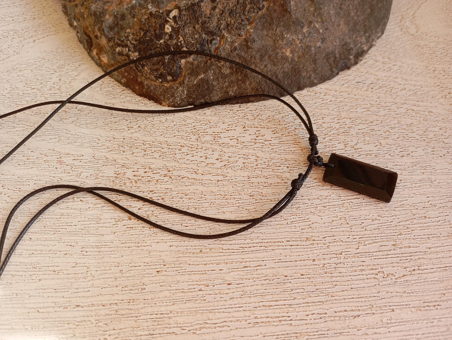 Black Obsidian Rectangular Pendant Necklace, adjustable black cord, Healing Protection fashion casual necklace, natural gemstone