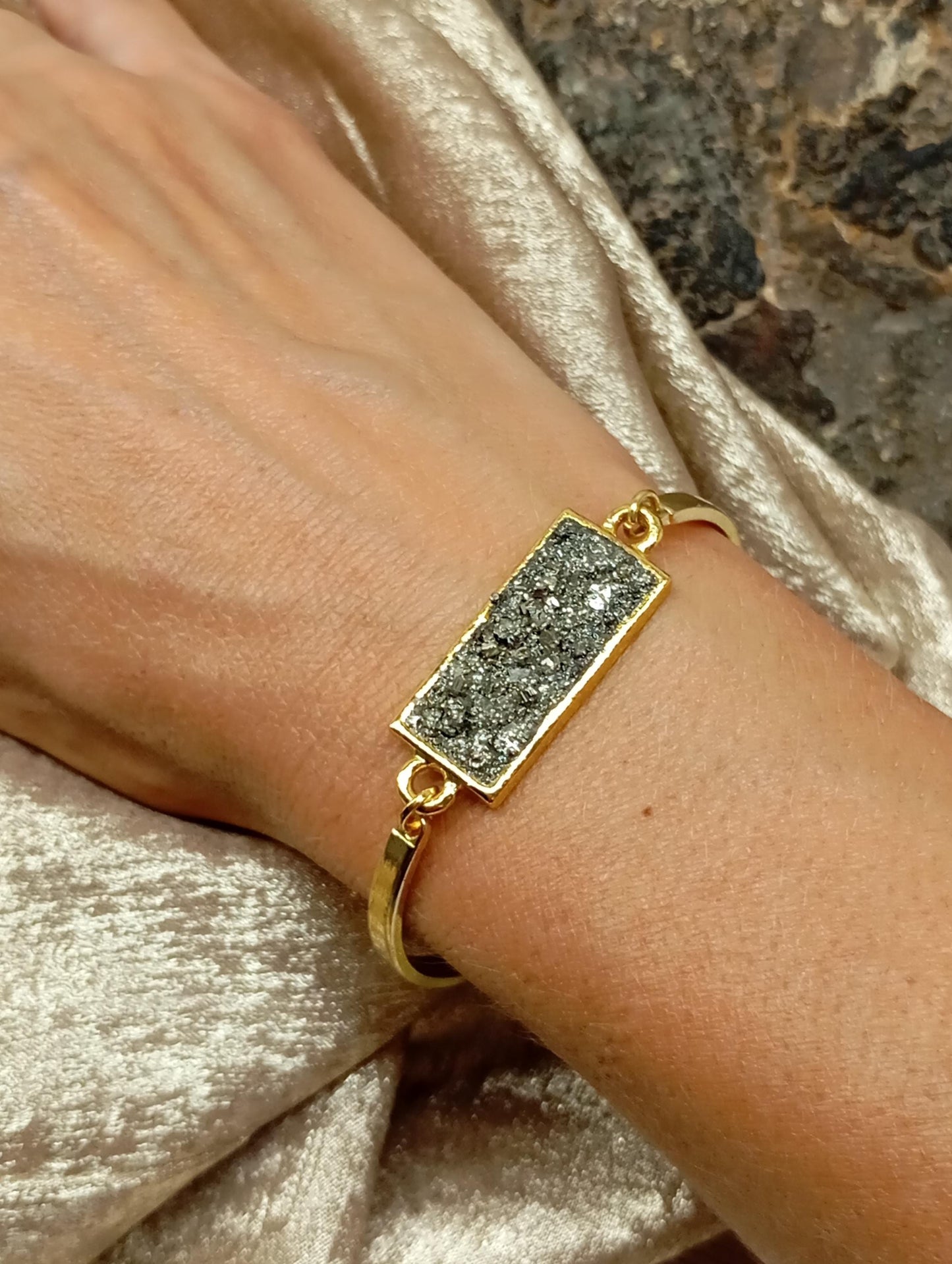 Raw Pyrite rectangular cabochon Bracelet, Wealth Stone, stainless steel gemstone bracelet women, protection healing mascot, handmade