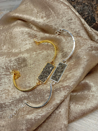 Raw Pyrite rectangular cabochon Bracelet, Wealth Stone, stainless steel gemstone bracelet women, protection healing mascot, handmade